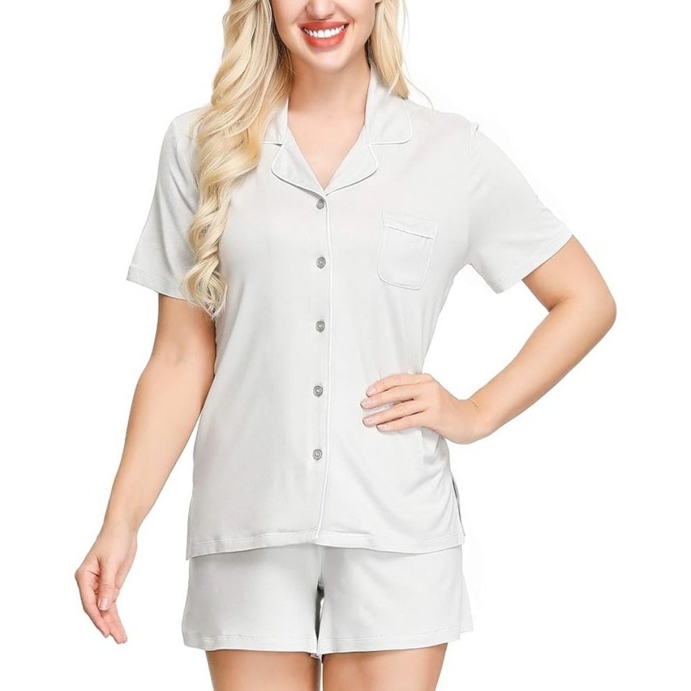 Ink+Ivy Women's Notch Pajama Knit Short Sleeve Top & Short Set Gray Small NWT